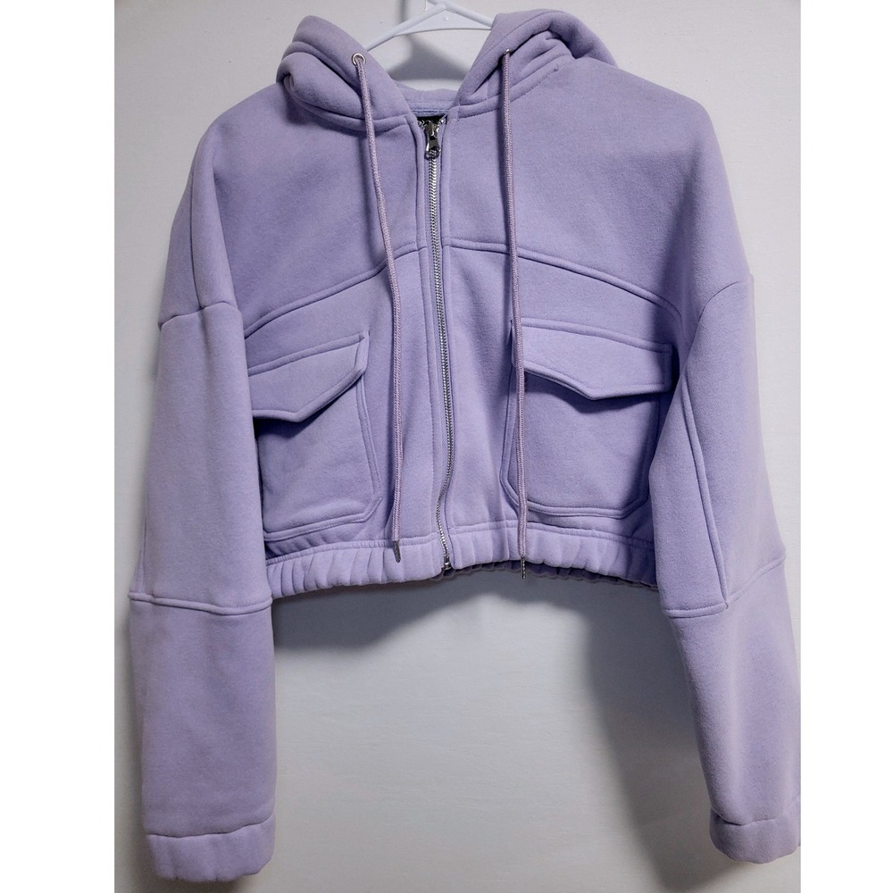 Papermoon Womens Lavender Purple Cropped Zip Up Hoodie Fleece Sweatshirt M